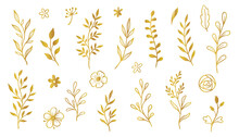 Gold Branch Leaf Element Set. Hand Drawn Sketch Doodle Golden Leaves Floral Element For Wedding Background, Elegant Design. Vector Illustration.