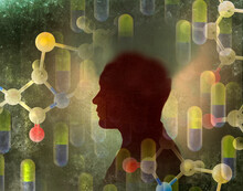 Pills And Molecules Floating Around Silhouette Of Man
