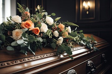 Wall Mural - Wooden coffin with a beautiful arrangement of flowers on the lid. Funeral ceremony and farewell. Close-up. Generative AI