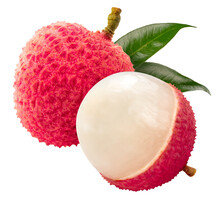 Red Lychee Fruit On White Background, Fresh Red Lychee Or Litchi Chinensis Fruit On White Background Png File.