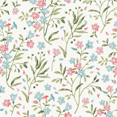 Wonderful floral background with pink and blue flowers. A warm breeze brings delicate petals and green stems. Vector seamless pattern.