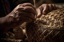 A Close-up Image Capturing Skilled Hands In The Process Of Weaving A Wicker Basket, Emphasizing The Intricate Patterns And The Centuries-old Techniques Of Basketry.