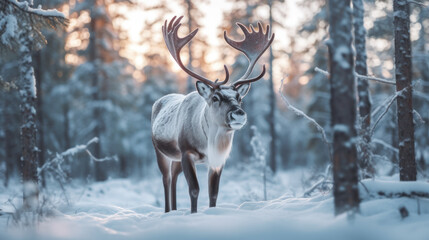 Reindeer at snow forrest background. Animal and nature concept. Generative ai.