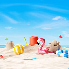 Wall Mural - Sand castle on the beach. Summer vacation concept. 3d rendering