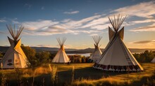 Indian Teepees Stand In Native American Encampment At Sunset. Generative Ai