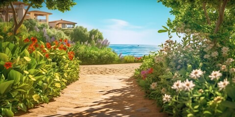 Wall Mural - Portrait hidden beach view with flower AI Generative