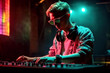 © alexkoral - male DJ mixes music on mixing board at night club party. Generative AI illustration