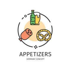 Wall Mural - Germany Travel and Tourism Thin Line Icon Appetizers Concept Include of Sausage and Beer. Vector illustration