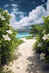 Wall Mural - Portrait hidden beach view with flower AI Generative