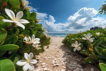 Wall Mural - Portrait hidden beach view with flower AI Generative