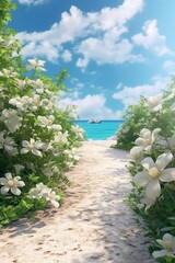 Wall Mural - Portrait hidden beach view with flower AI Generative