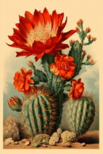 Red Cacti Botanical Lithograph Illustration Of Flowers On Vintage Cream Paper, Generative Ai