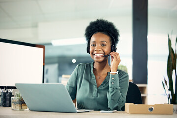 Wall Mural - professional, woman and working in portrait at a call centre at a company with communication with cu