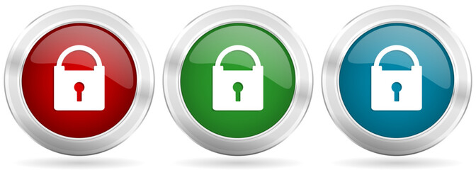 Aufkleber - Padlock, security vector icon set. Red, blue and green silver metallic web buttons with chrome border