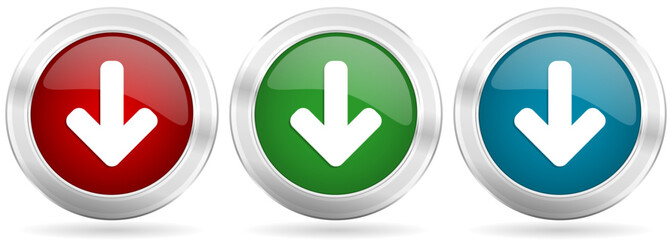Aufkleber - Down arrow, download vector icon set. Red, blue and green silver metallic web buttons with chrome border