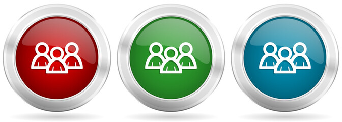 Aufkleber - People, group vector icon set. Red, blue and green silver metallic web buttons with chrome border