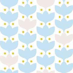 Wall Mural - Retro abstract floral texture. Seamless vector pattern with repetition of flowers and dots. Geometrical simple flowers in a line