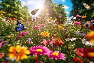 Wall Mural - Beautiful butterfly on the flower garden with light exposure AI Generative