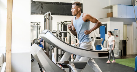 Poster - Strong young black sportsman running on treadmill during cardio training