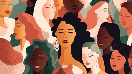 Wall Mural - vector illustration of a diverse group of beautiful women with natural beauty and glowing smooth ski