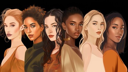 Wall Mural - vector illustration of a diverse group of beautiful women with natural beauty and glowing smooth ski