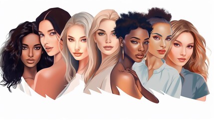 Wall Mural - vector illustration of a diverse group of beautiful women with natural beauty and glowing smooth ski