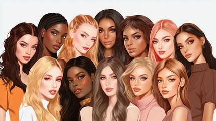 Wall Mural - vector illustration of a diverse group of beautiful women with natural beauty and glowing smooth ski