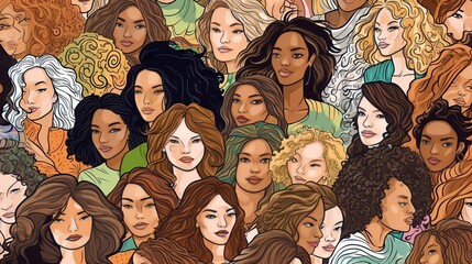Wall Mural - vector illustration of a diverse group of beautiful women with natural beauty and glowing smooth ski