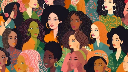 Wall Mural - vector illustration of a diverse group of beautiful women with natural beauty and glowing smooth ski