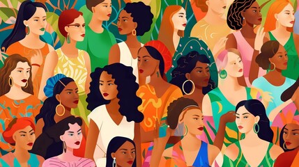 Wall Mural - vector illustration of a diverse group of beautiful women with natural beauty and glowing smooth ski