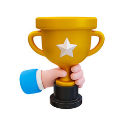3d minimal sport tournament cup. sport competition award. trophy winner. hand holding a trophy cup. 