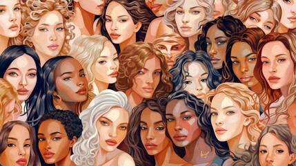 Wall Mural - vector illustration of a diverse group of beautiful women with natural beauty and glowing smooth ski