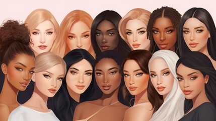 Wall Mural - vector illustration of a diverse group of beautiful women with natural beauty and glowing smooth ski