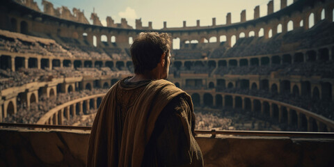 Wall Mural - Roman emperor in the Colosseum waiting for battle, rear view, generated ai