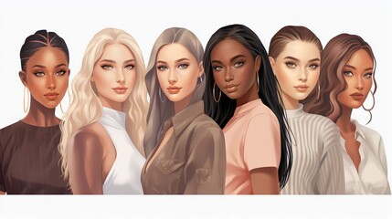 Wall Mural - vector illustration of a diverse group of beautiful women with natural beauty and glowing smooth ski