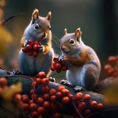 Wall Mural - two squirrels sitting on berries Generative Ai