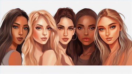 Wall Mural - vector illustration of a diverse group of beautiful women with natural beauty and glowing smooth ski