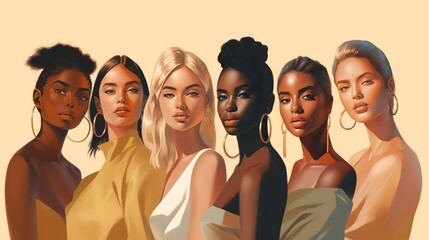 Wall Mural - vector illustration of a diverse group of beautiful women with natural beauty and glowing smooth ski
