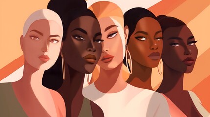 Wall Mural - vector illustration of a diverse group of beautiful women with natural beauty and glowing smooth ski