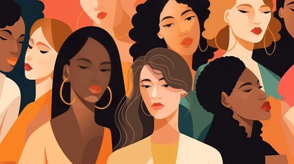 Wall Mural - vector illustration of a diverse group of beautiful women with natural beauty and glowing smooth ski