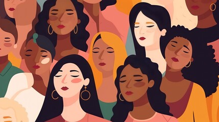 Wall Mural - vector illustration of a diverse group of beautiful women with natural beauty and glowing smooth ski