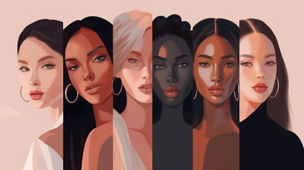 Vector illustration of a diverse group of beautiful women with natural beauty and glowing smooth skin, Generative AI