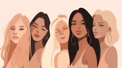 Wall Mural - vector illustration of a diverse group of beautiful women with natural beauty and glowing smooth ski