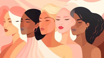 Wall Mural - vector illustration of a diverse group of beautiful women with natural beauty and glowing smooth ski