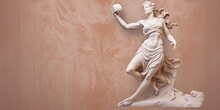Marble Statue Of An Ancient Greek Goddess Doing Sports On Pastel Background. Tennis Player Sculpture