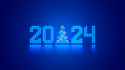 Aufkleber - 2024 digits, Christmas tree consist glowing pixels in technology style on blue background. New Year card or digital tech calendar poster. Logo of 2024 year hanging over reflection polished surface.