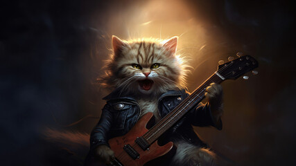 Hard rock metal guitarist cat with unruly long fur hair and cool leather jacket playing an electric guitar on concert stage - insanely wild and unique feline portraiture illustration - generative AI 