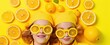 two girls happy togetherness moment banner background, summer mood wearing lemon glasses on yellow background, Generative Ai