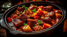 Beef Stew In A Slow-cooker, Ready To Serve. Generative AI