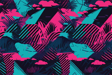 retrowave exotic leaves summer funky shirt seamless pattern. 80s 90s pop art memphis style. miami or